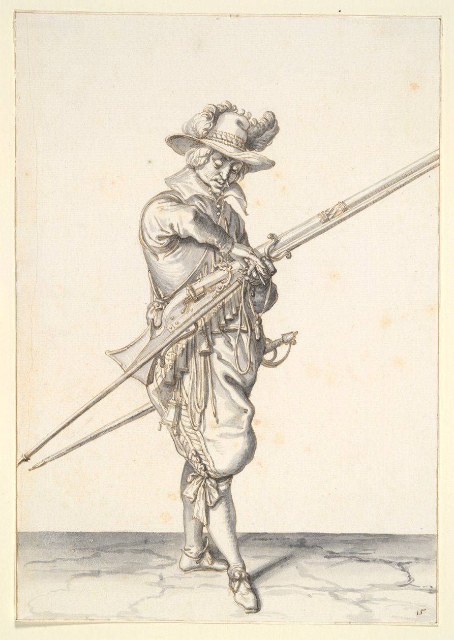 Soldato che si prepara a sparare con un moschetto da Jacques de Gheyn II