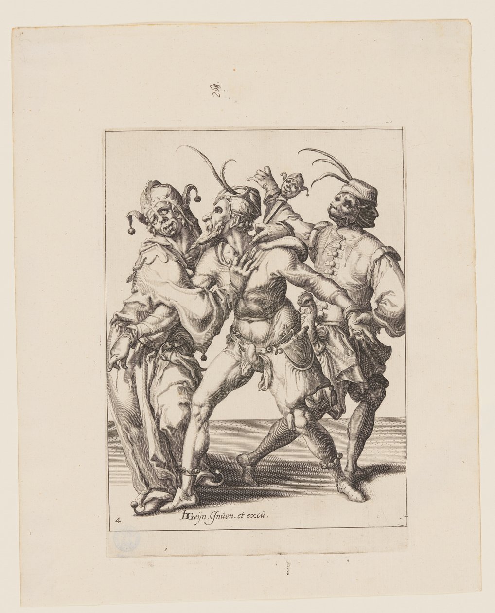 Tre mummers danzanti con un giullare, da Le mascherate da Jacques de Gheyn II