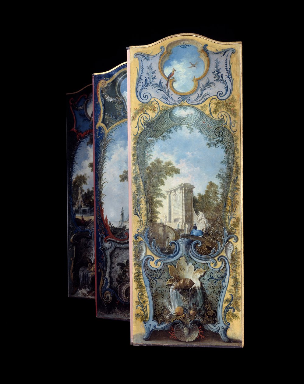 Paravento dipinto su carta marouflé da Jacques de Lajoüe