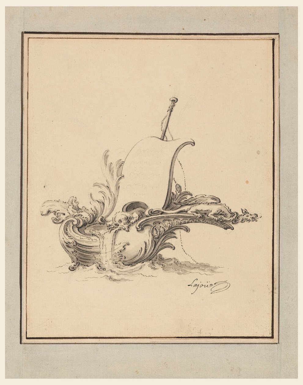 Disegno, progetto di una mostrina a forma di barca con vela, per Recueil Nouveau de Differens Cartouches, 1734 da Jacques de Lajoüe