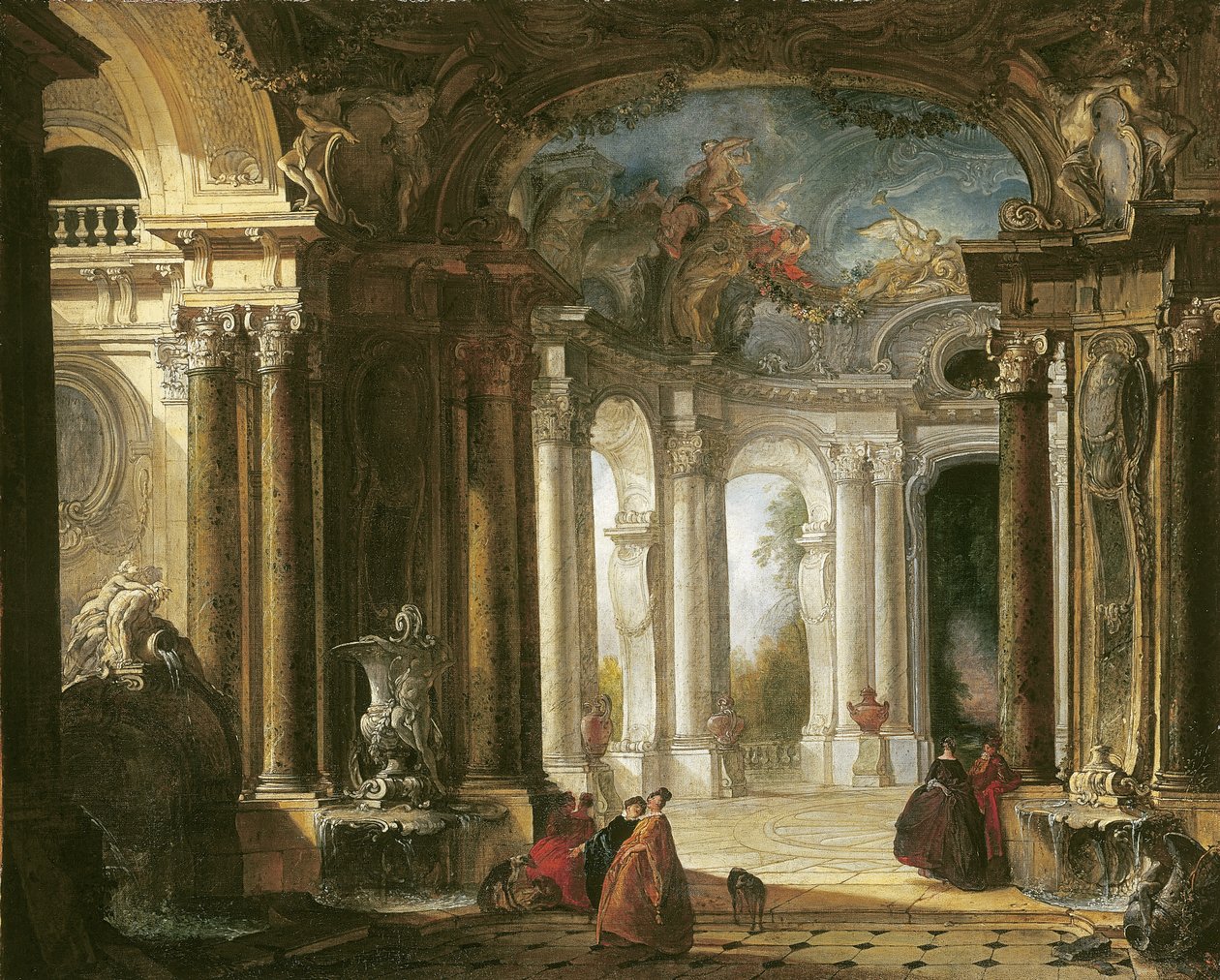 Interno di un palazzo barocco con compagnia elegante che conversa vicino a fontane da Jacques de Lajoüe