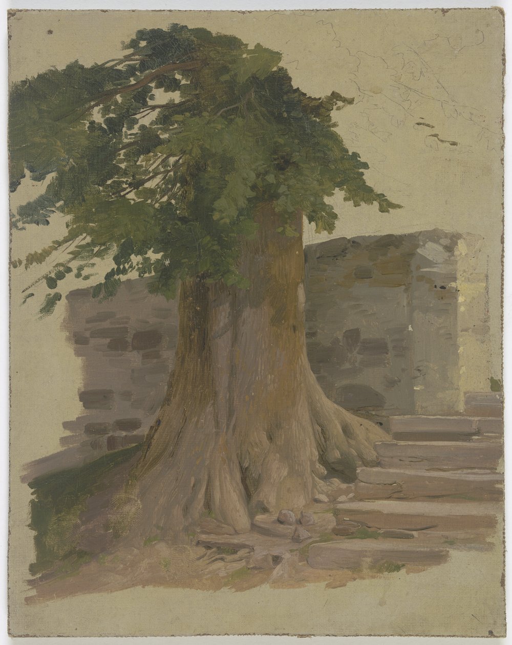 Vecchio albero accanto a un tratto di muro da Jakob Becker
