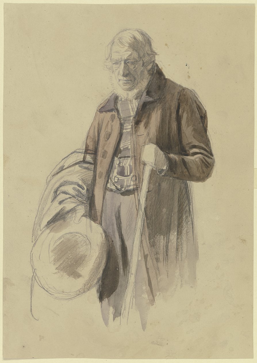 Uomo barbuto con il cappello tolto e il cappotto sul braccio; nella mano sinistra tiene un bastone da Jakob Becker