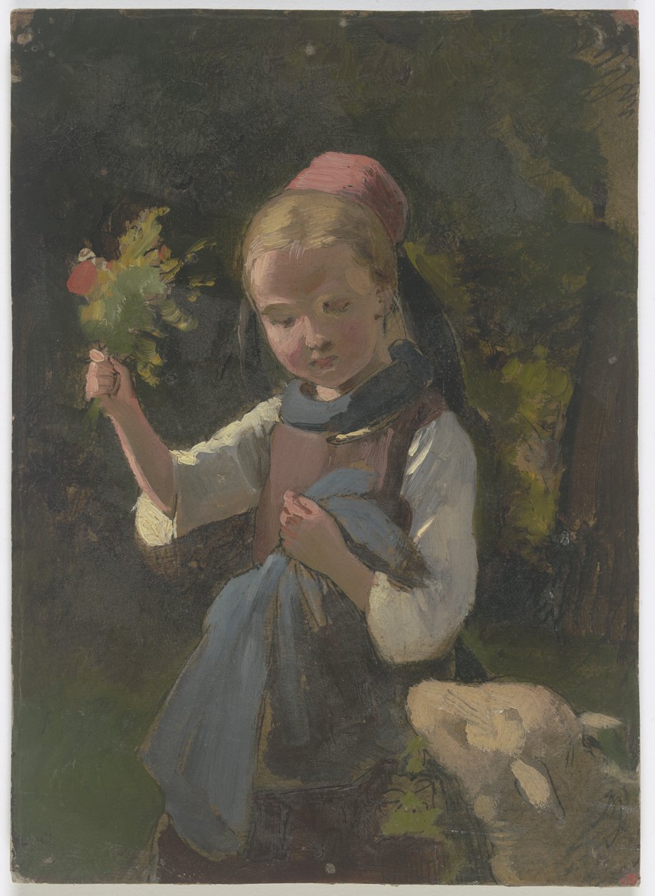 Contadina con mazzo di fiori, una pecora da destra da Jakob Becker