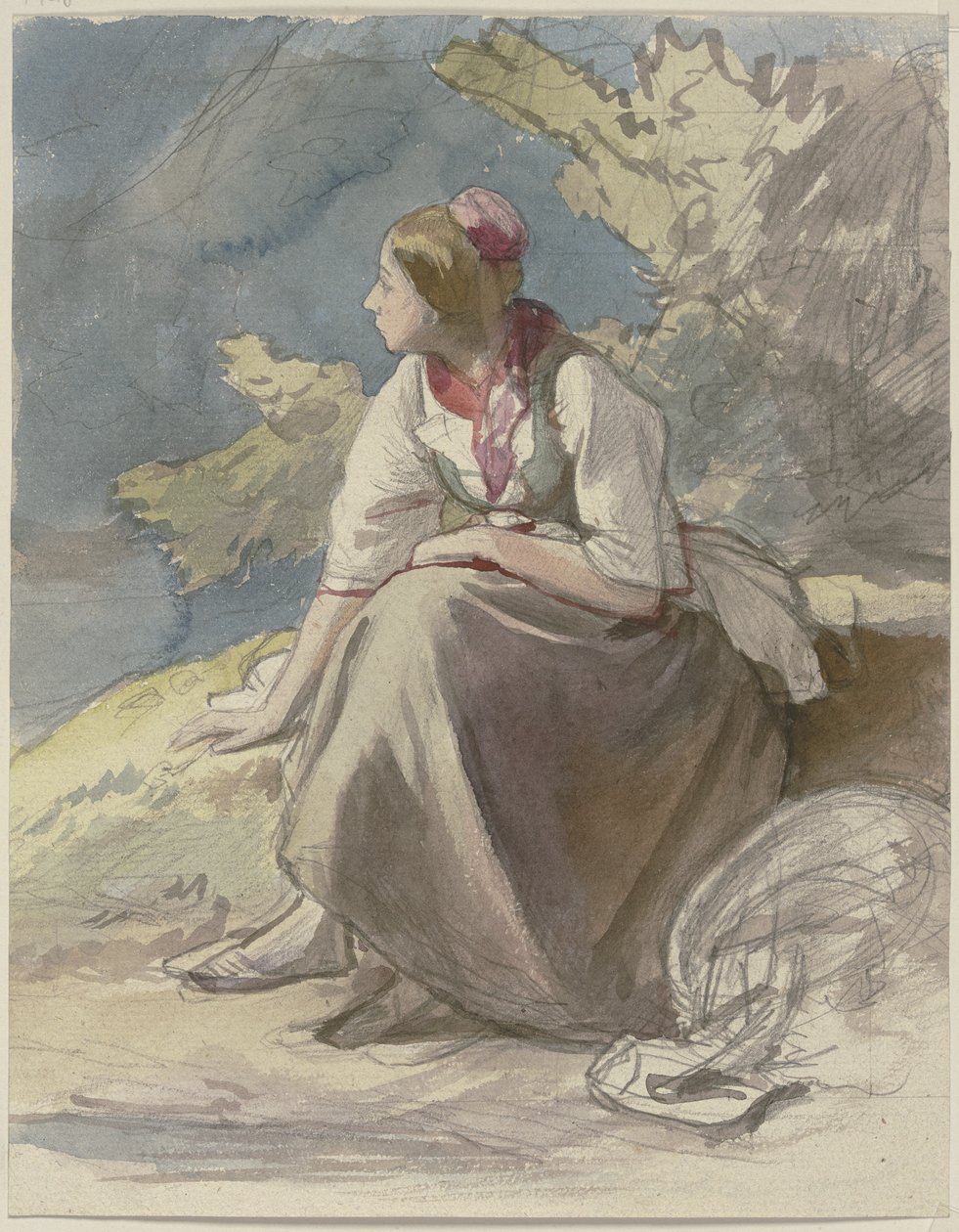 Ragazza di campagna, di profilo a sinistra, seduta su una panchina di erba da Jakob Becker
