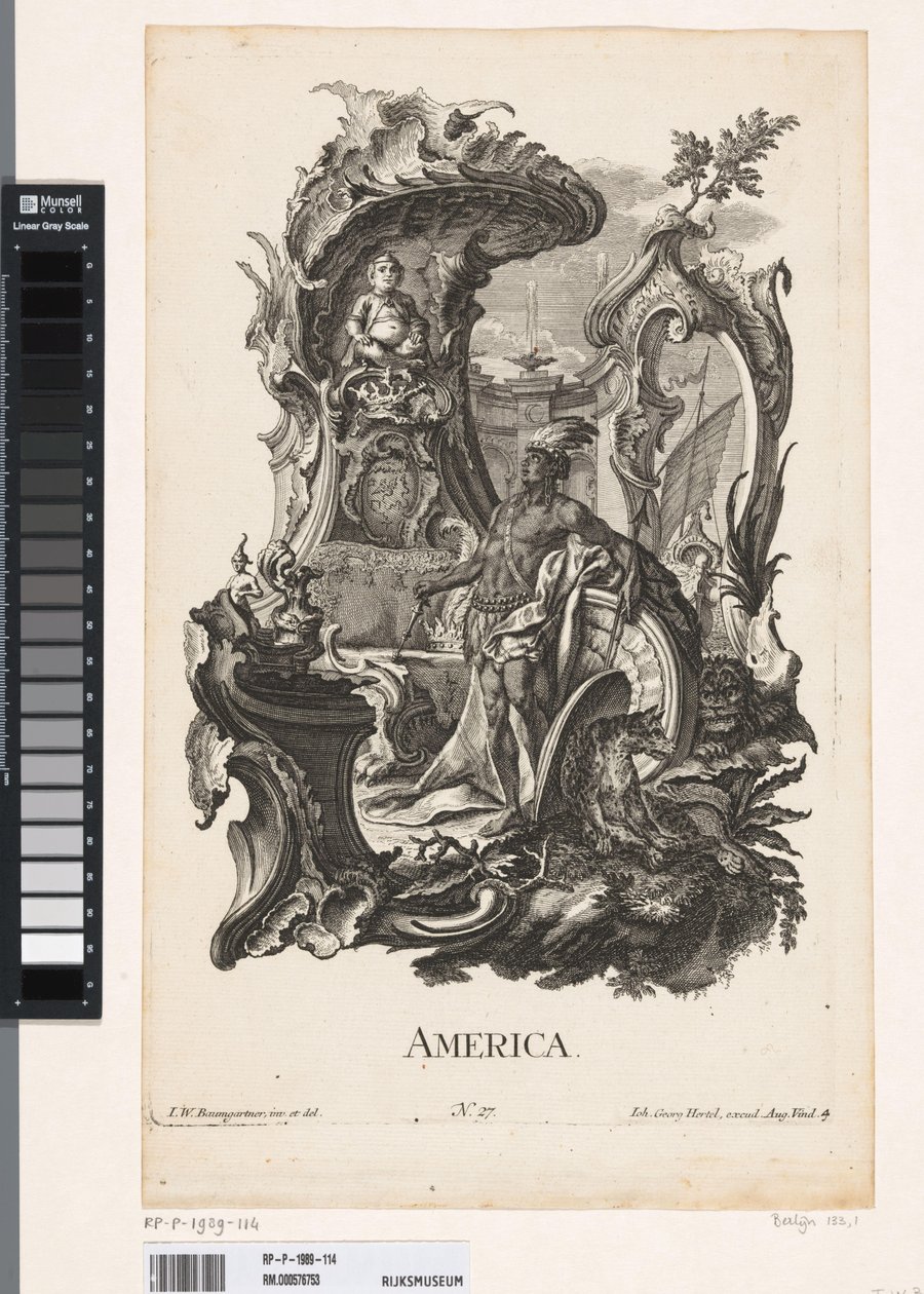 Rocaille con la personificazione del continente America (De vier werelddelen) da Jakob Gottlieb Thelott