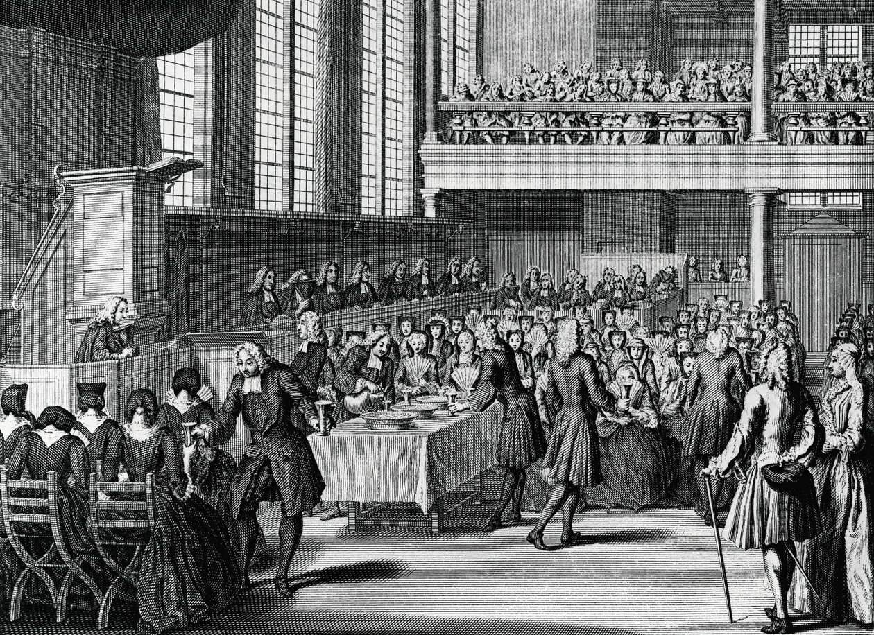 Cena degli anabattisti, incisione di Jacobus van der Schley da Cerimonie e costumi religiosi di tutti i popoli del mondo da Jakob van der Schley