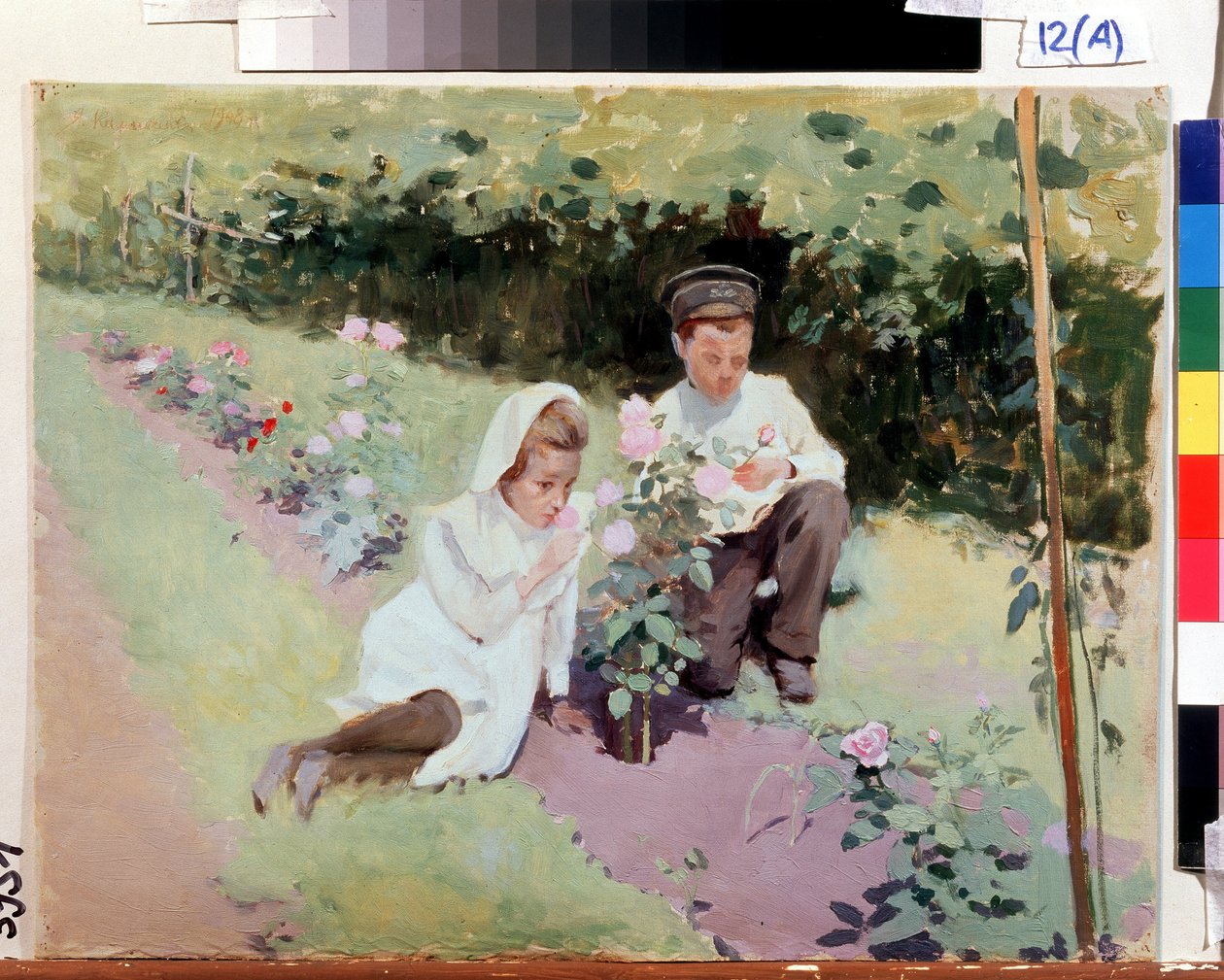 ""Au rosier"" Due bambini in una roseto. Dipinto di Jakov Kalinichenko (1869-1938) 1908 State Regional I. Pozhalostin Art Museum, Ryasan da Jakoff Jakovlevitch Kalinitchenko