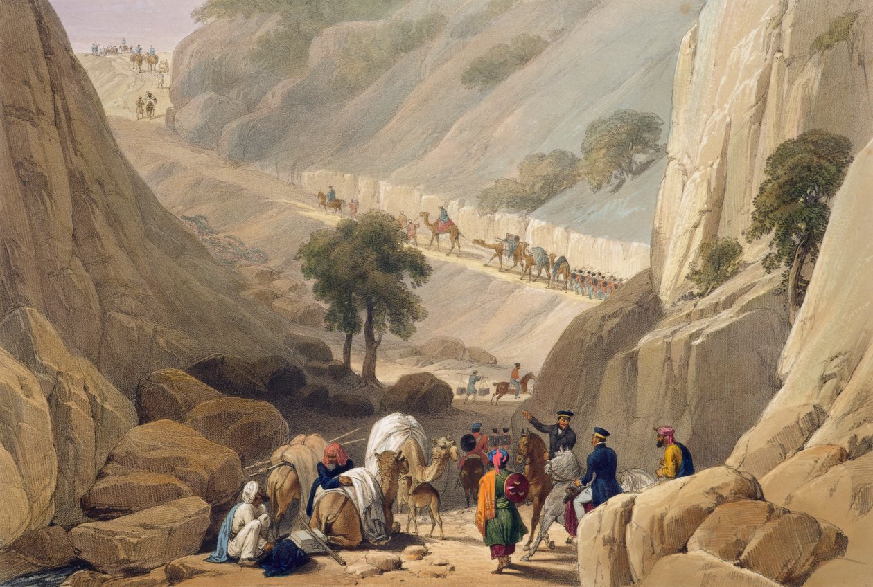 Le truppe che emergono dalla parte stretta del passo di Koojah, da 