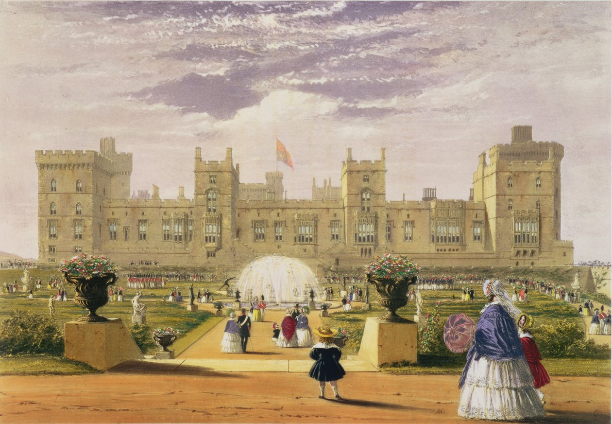 Vista orientale del castello e del giardino, Castello di Windsor, 1838 da James Baker Pyne