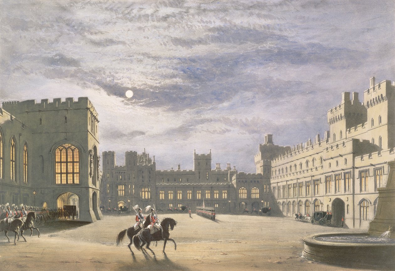 Arrivo di stato di un visitatore reale, il Quadrilatero al chiaro di luna, Castello di Windsor, 1838 da James Baker Pyne