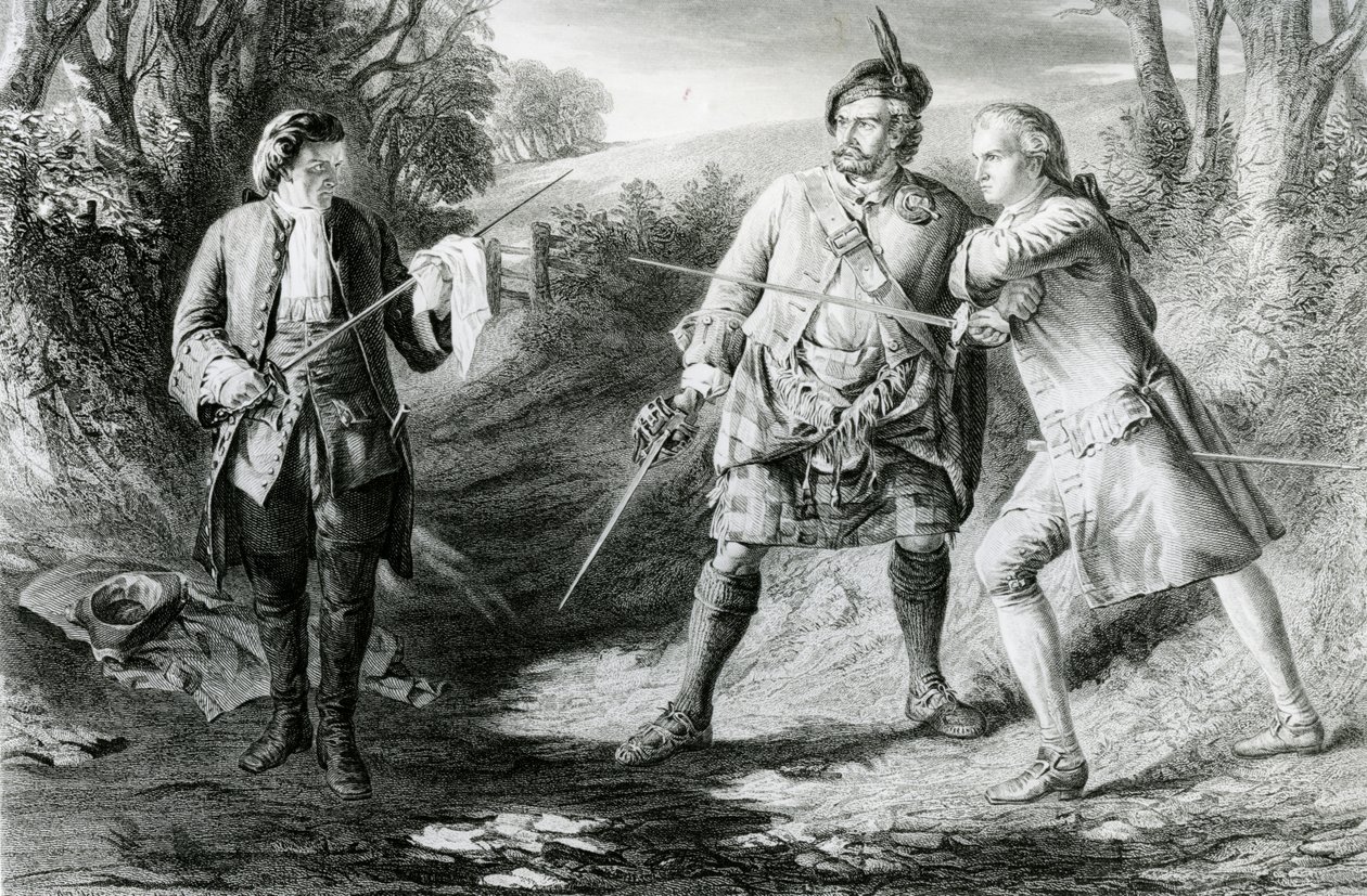 Rob Roy che separa i duellanti Rashleigh e Francis Osbaldistone, inciso da John Le Conte, 1867 da James Blake McDonald