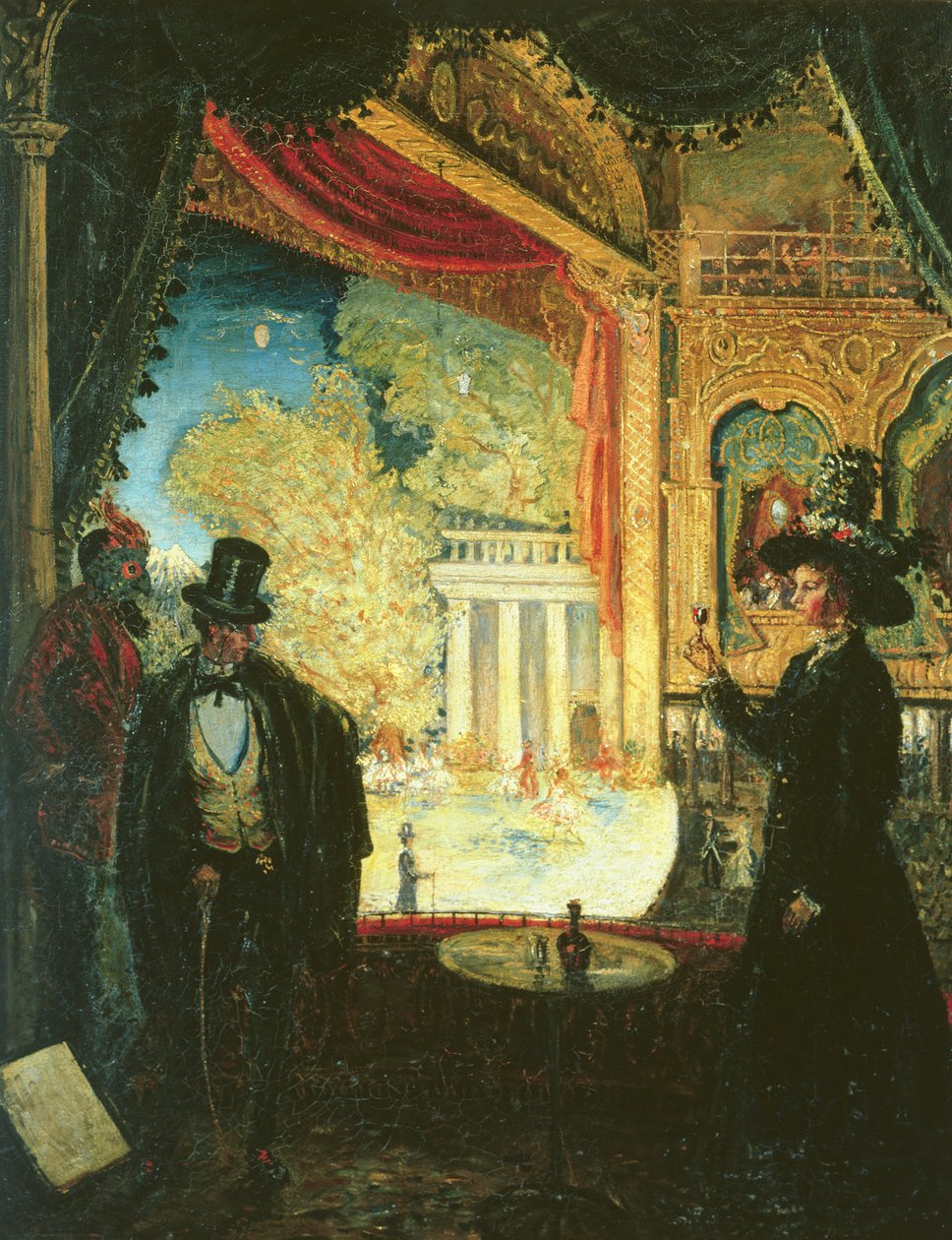 Una scena in un teatro: una rappresentazione vista da un palco in cui tre figure stanno in piedi, 1908 da James Dickson Innes