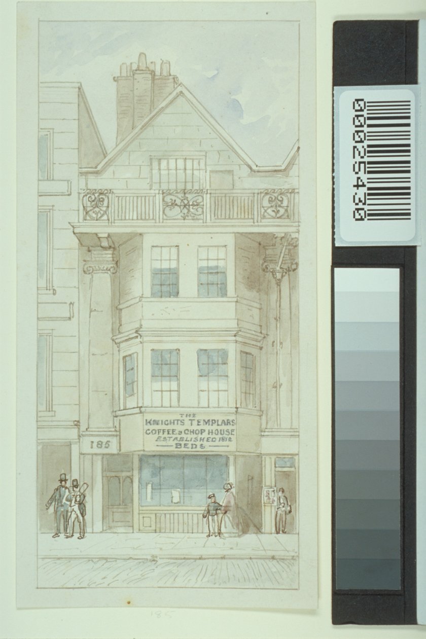 Vista del n. 185 Fleet Street, con figure che camminano davanti al Knights Templars Coffee and Chop House, c.1820 da James Findlay