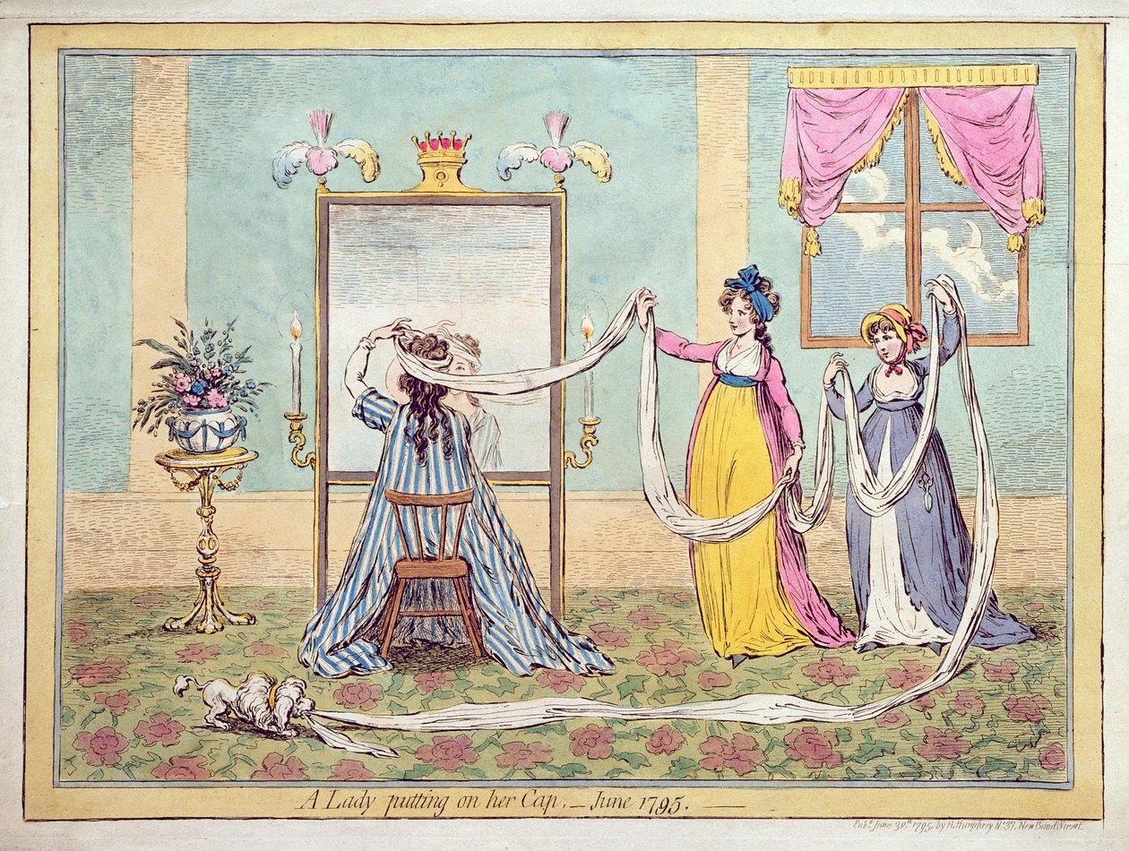 Una signora che si mette il cappello, pubblicato nel 1795 (incisione colorata a mano) da James Gillray