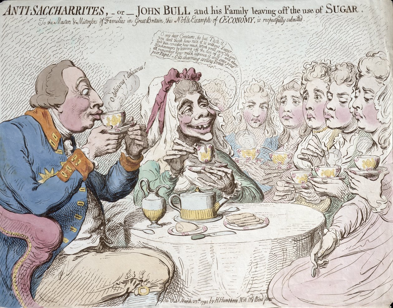 Anti-Saccharites, o John Bull e la sua famiglia che smettono di usare lo zucchero, pubblicato da Hannah Humphrey nel 1792 da James Gillray