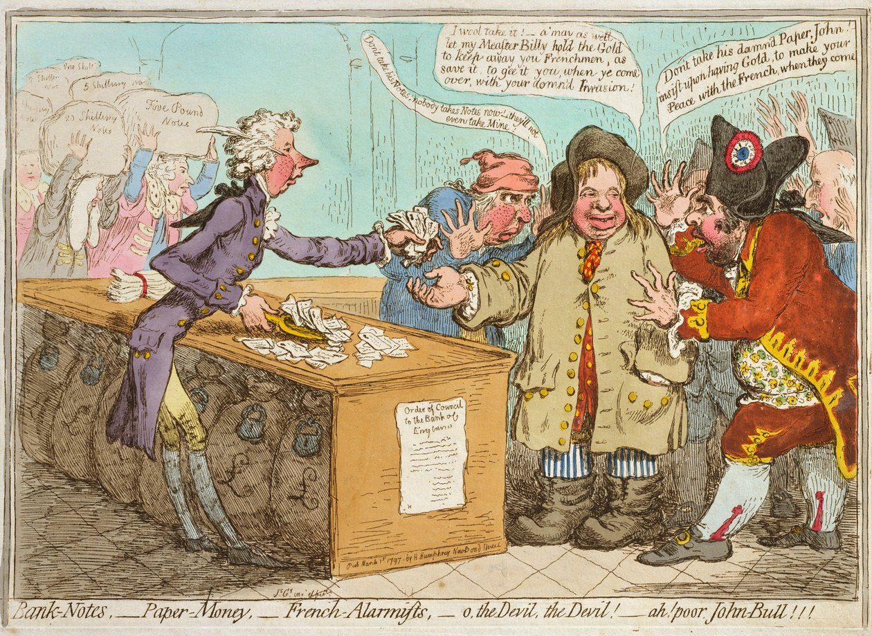 Banconote - Denaro di carta - Allarmisti francesi - ah! povero John Bull! pubblicato da Hannah Humphrey nel 1797 da James Gillray