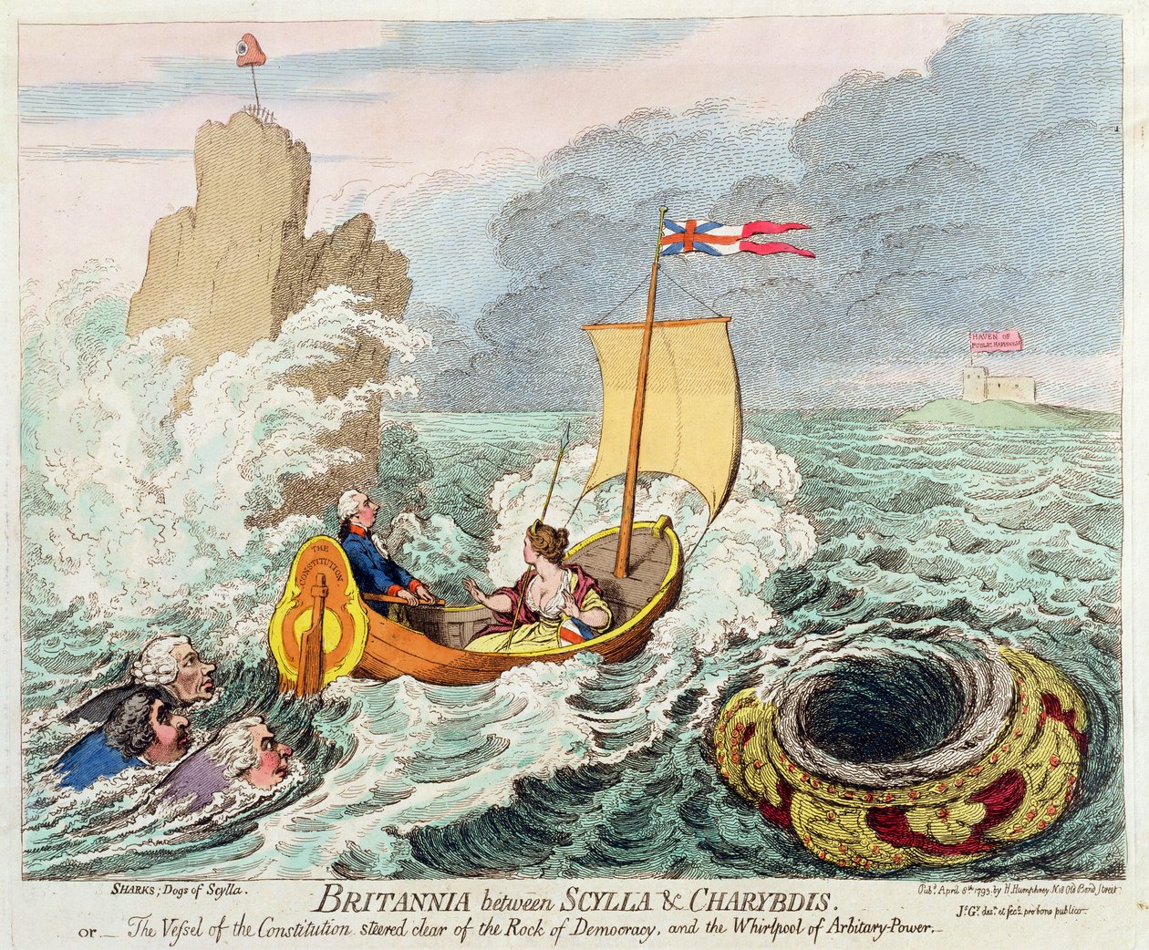 Britannia tra Scilla e Cariddi, o La nave della Costituzione evita lo scoglio della democrazia e il vortice del potere arbitrario, pubblicato da Hannah Humphrey nel 1793 da James Gillray
