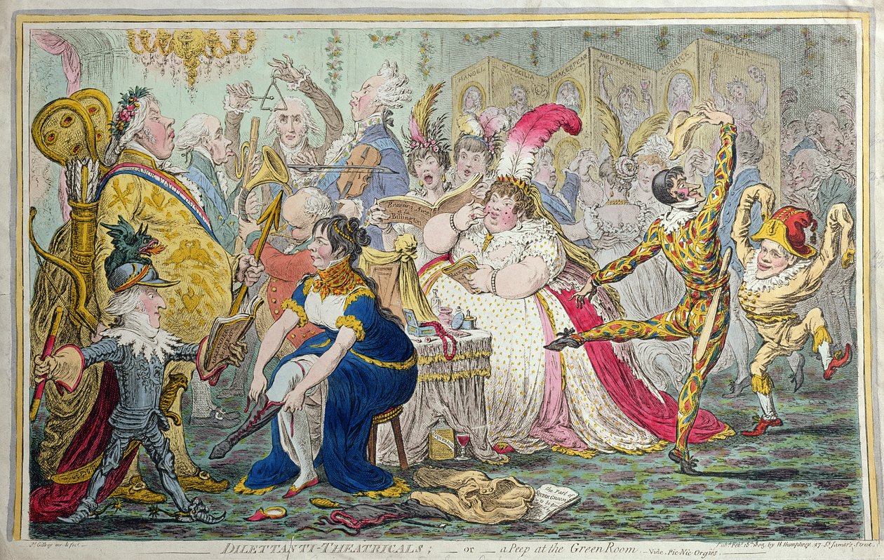 Teatrali Dilettanti, o Uno Sguardo alla Sala Verde, pubblicato da Hannah Humphrey nel 1803 da James Gillray