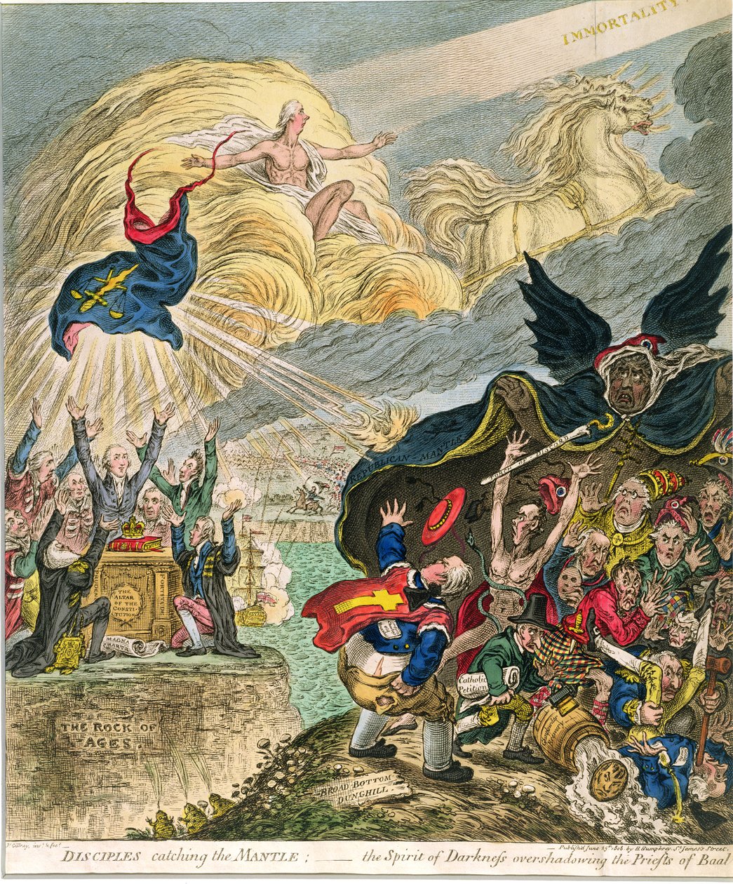 Discepoli che catturano il Mantello: lo Spirito delle Tenebre che oscura i Sacerdoti di Baal, pubblicato da Hannah Humphrey nel 1808 (incisione colorata a mano) da James Gillray