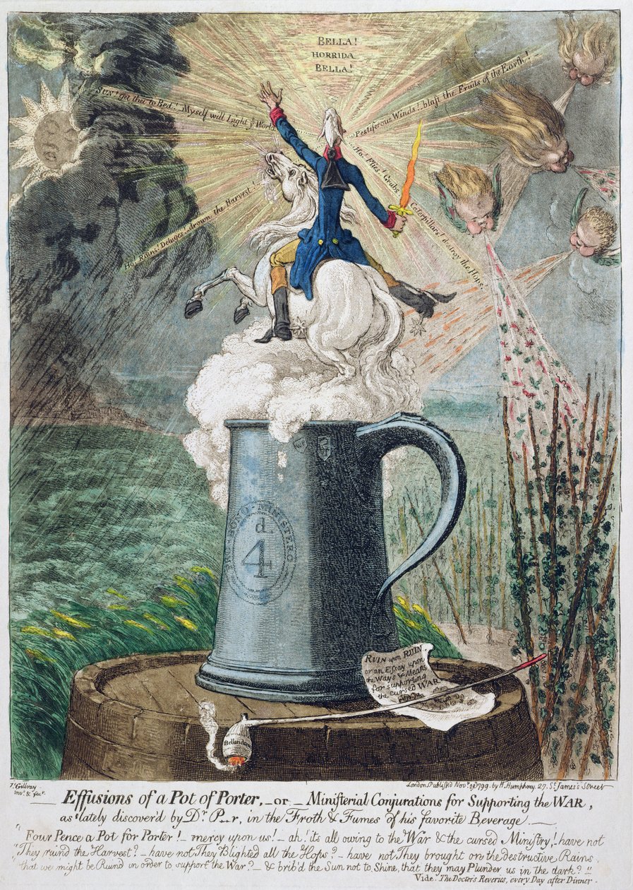 Effusioni di una pentola di Porter, o congiurazioni ministeriali per sostenere la guerra, pubblicato da Hannah Humphrey nel 1799 da James Gillray