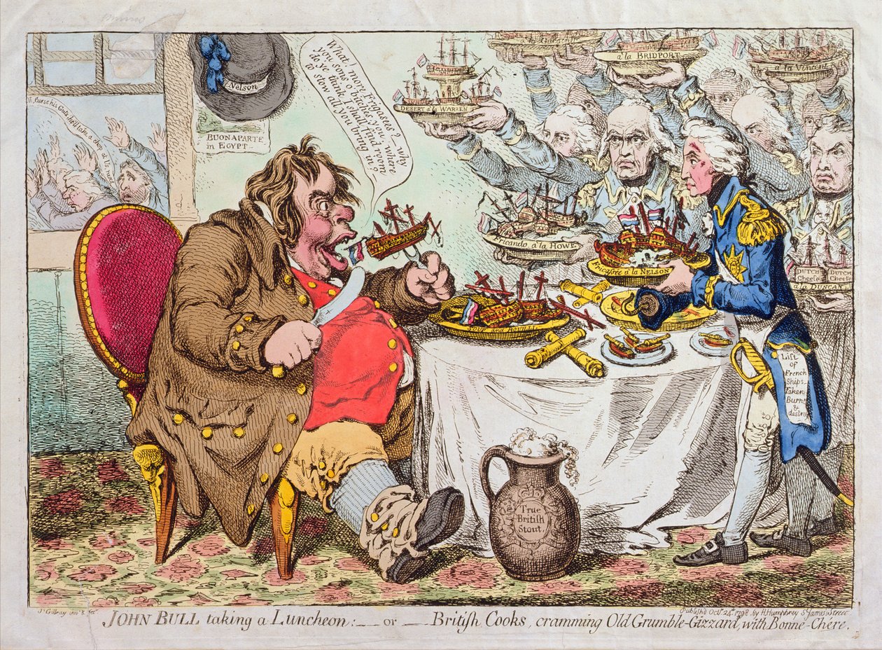 John Bull che pranza, o cuochi britannici che riempiono Old Grumble-Gizzard con Bonne-Chere, pubblicato da Hannah Humphrey nel 1798 da James Gillray