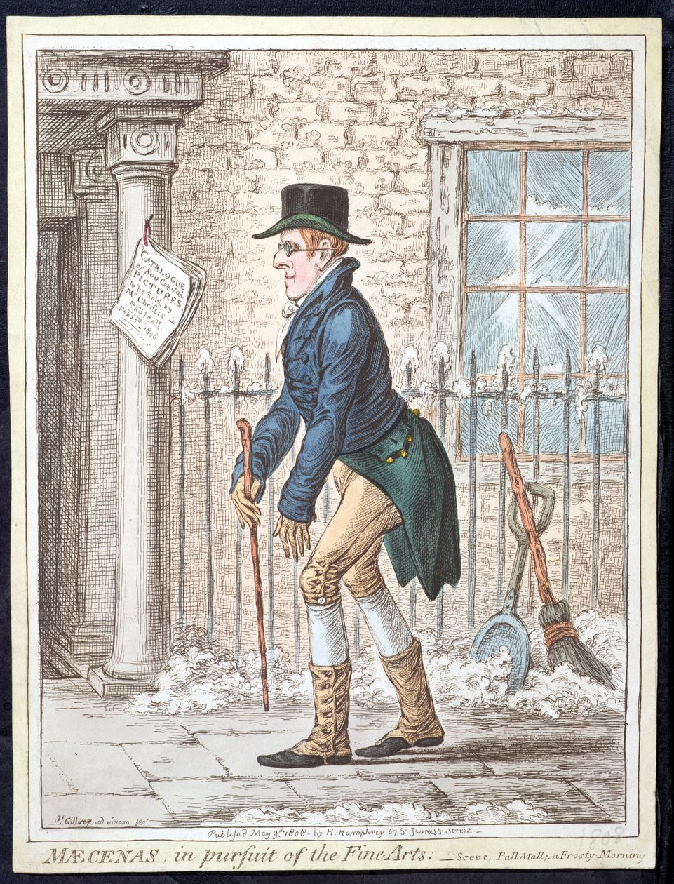Mecenate alla ricerca delle Belle Arti, o Scena, Pall Mall; Una mattina gelida, pubblicato da Hannah Humphrey nel 1808 da James Gillray