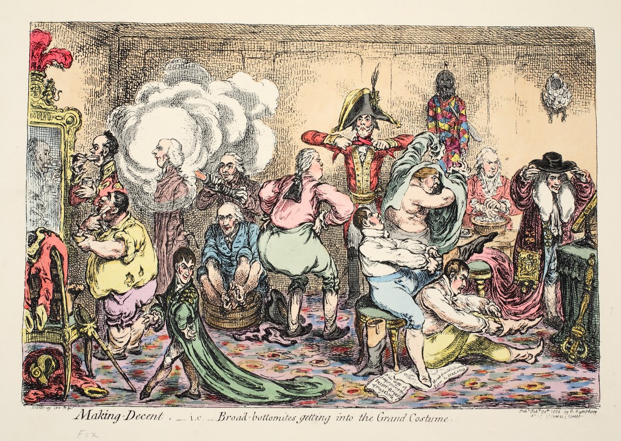 Fare decente, cioè i Broad Bottomites che entrano nel grande costume, pub. 1806 da James Gillray