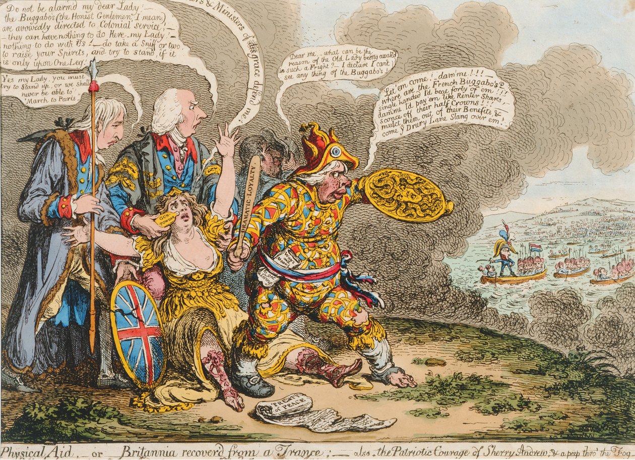 Aiuto fisico, o Britannia recuperata da un trance: anche, Il coraggio patriottico di Sherry Andrews e uno sguardo nella nebbia, pubblicato da Hannah Humphrey nel 1803 da James Gillray