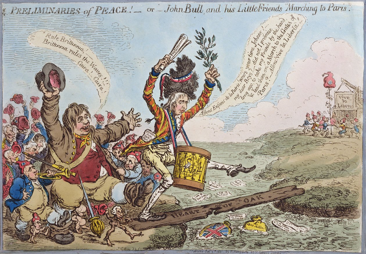 Preliminari di pace, o John Bull e i suoi piccoli amici che marciano verso Parigi, pubblicato da Hannah Humphrey nel 1801 da James Gillray