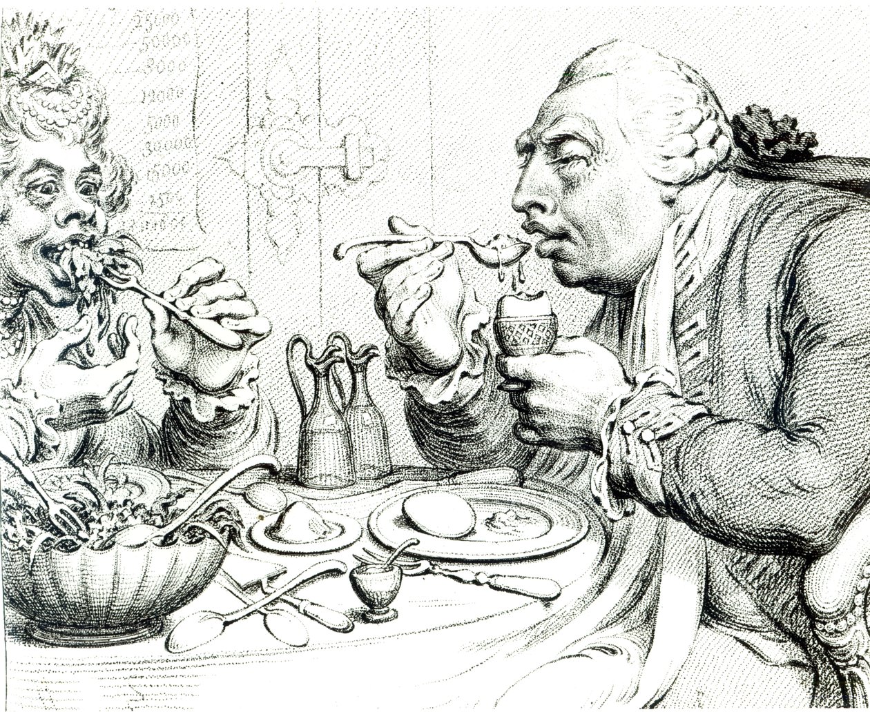 Temperanza che Gode un Pasto Frugale, caricatura di Giorgio III e della Regina Carlotta da James Gillray