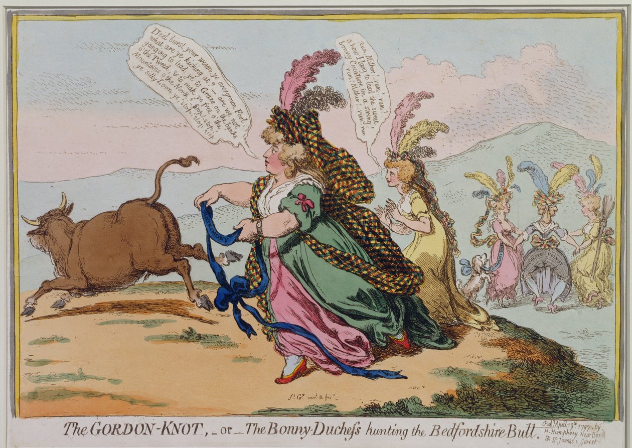 Il nodo di Gordon, o La bella duchessa che caccia il toro di Bedford, pubblicato da Hannah Humphrey nel 1797 da James Gillray