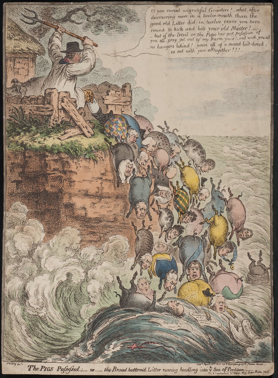 I maiali posseduti, o la cucciolata a fondo largo che corre a capofitto nel mare della perdizione, 1807 da James Gillray