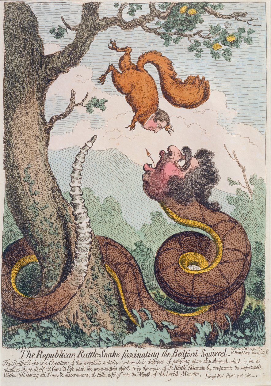 Il serpente a sonagli repubblicano affascina lo scoiattolo di Bedford, pubblicato da Hannah Humphrey nel 1795 da James Gillray