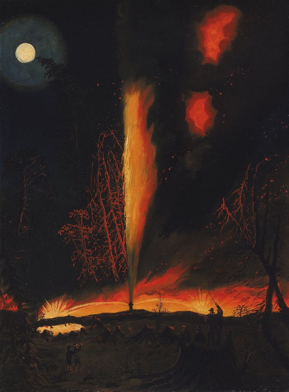Pozzo di Petrolio in Fiamme di Notte, vicino a Rouseville, Pennsylvania da James Hamilton