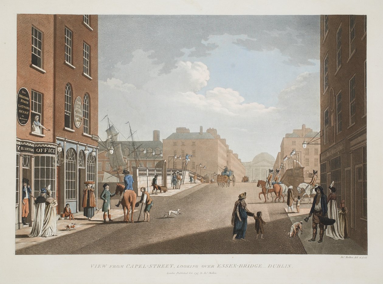 Veduta da Capel-Street, guardando oltre Essex-Bridge, Dublino, 1797 da James Malton