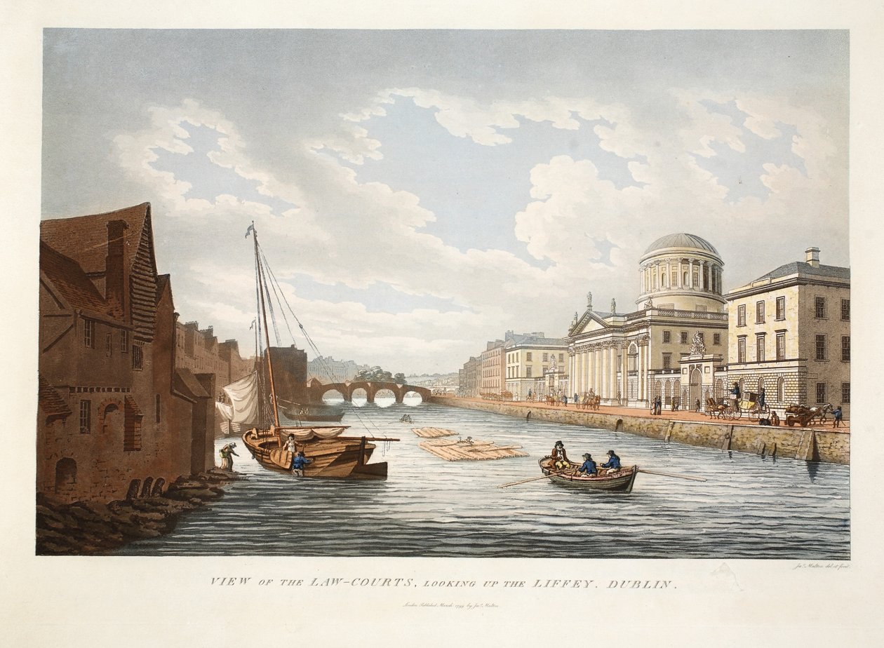 Veduta dei Tribunali, guardando su per il Liffey, Dublino, 1799 da James Malton