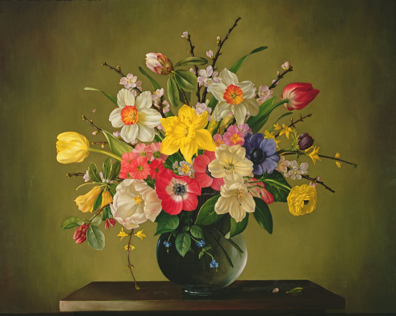 Narcisi, Anemoni, Tulipani, Forsizia, Rododendro e Fiori di Melo in un Vaso di Vetro da James Noble