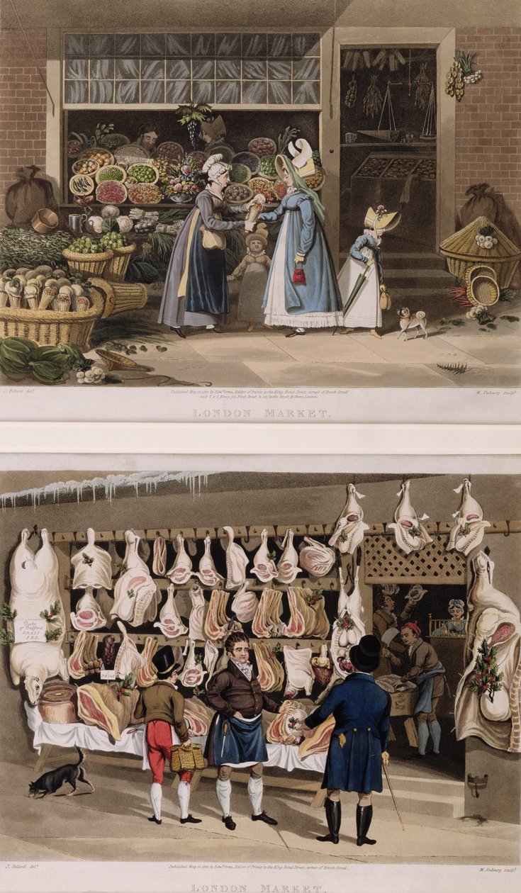 Il Banco della Carne e il Banco della Frutta dai Mercati di Londra, inciso da M. Dubourg, 1822 da James Pollard