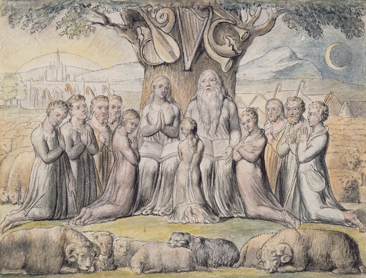 Illustrazioni dal Libro di Giobbe, pl.2 (pagina 1): Giobbe e la sua famiglia, dopo William Blake (1757-1827) da James Thomas Linnell