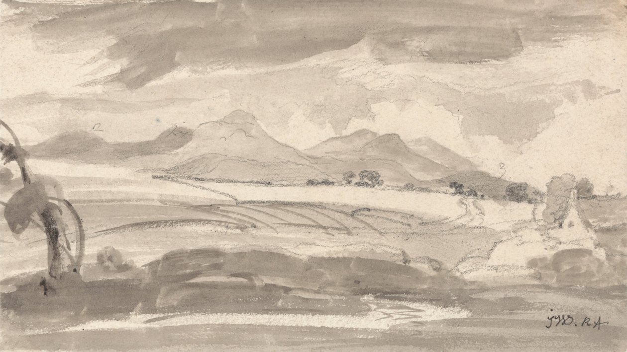 Vista sui campi verso montagne lontane, con un cottage a destra da James Ward