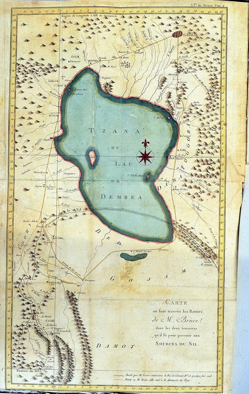 Mappa della regione del Lago Tzana o Lago Dembea (percorsi di M. Bruce nei suoi due tentativi di raggiungere le sorgenti del Nilo) - in "Viaggio in Nubia e Abissinia intrapreso per scoprire le sorgenti del Nilo durante gli anni 1768-1772", di James Bruce,  da James Bruce