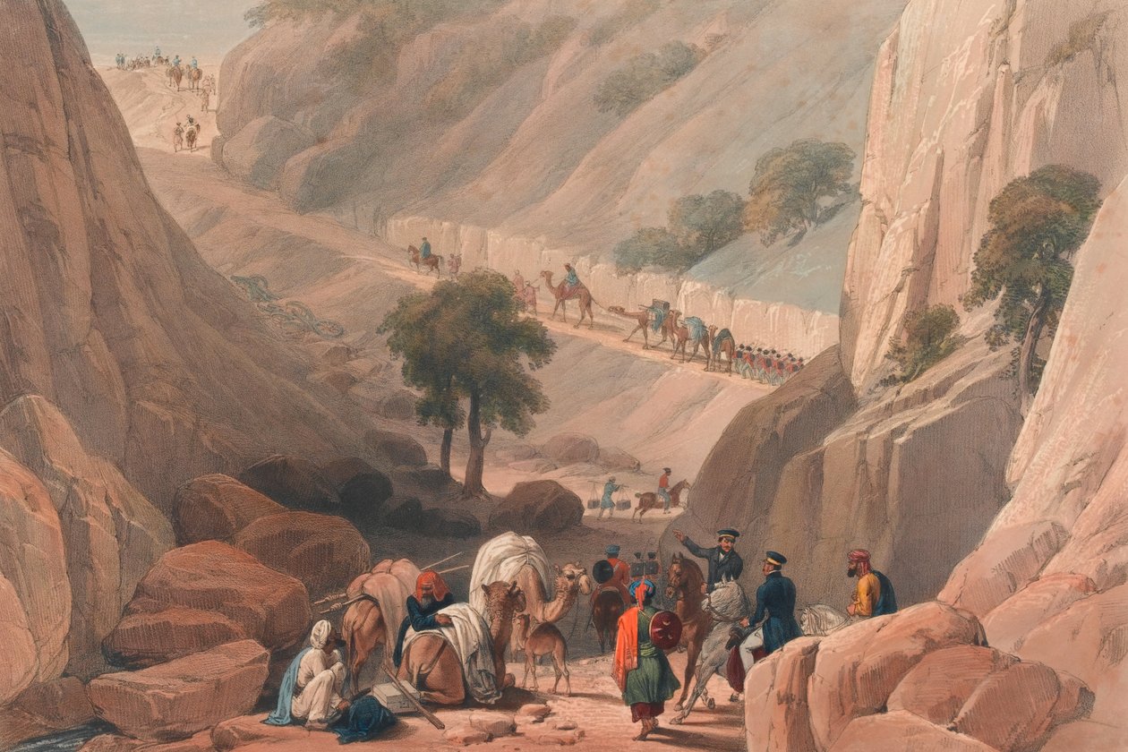 Le truppe emergono dalla parte stretta del passo di Koojah da James (after) Atkinson