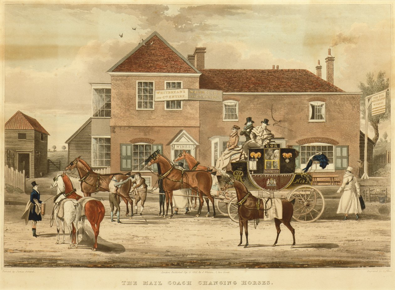 Il cambio dei cavalli della diligenza, c.1825 (incisione) da James (after) Pollard