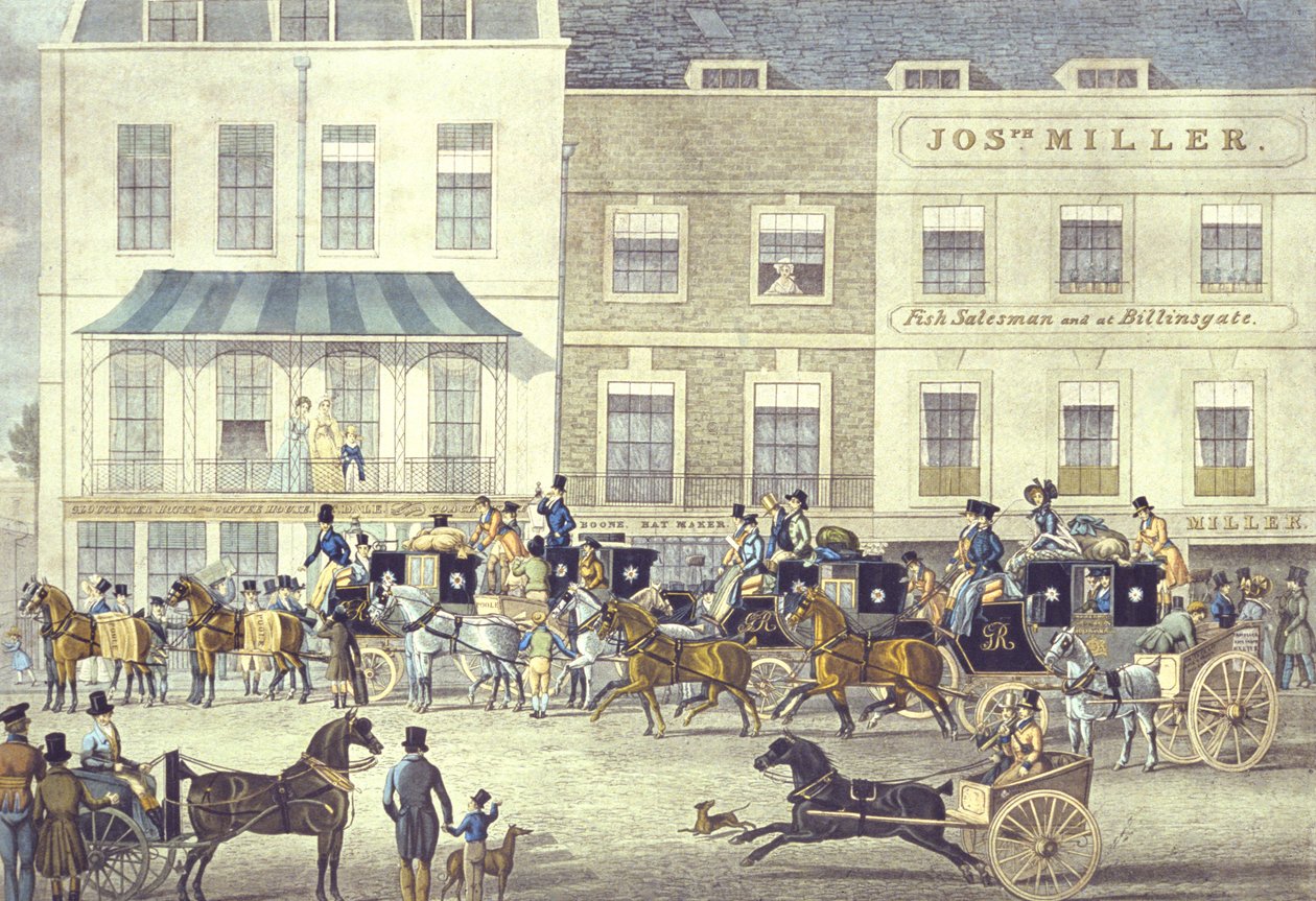 West Country Mail alla Gloucester Coffee House, Piccadilly, inciso da C. Rosenberg da James (after) Pollard
