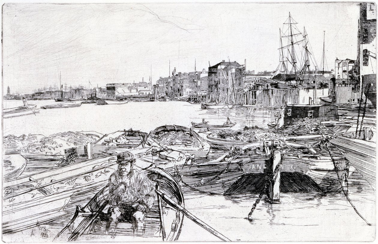 Veduta del Tamigi, sul bacino di Londra (Inghilterra), nel 1859, appartiene a una serie di incisioni sul Tamigi, che mette in evidenza la comunità dei lavoratori marittimi della capitale inglese da James Abbott McNeill Whistler