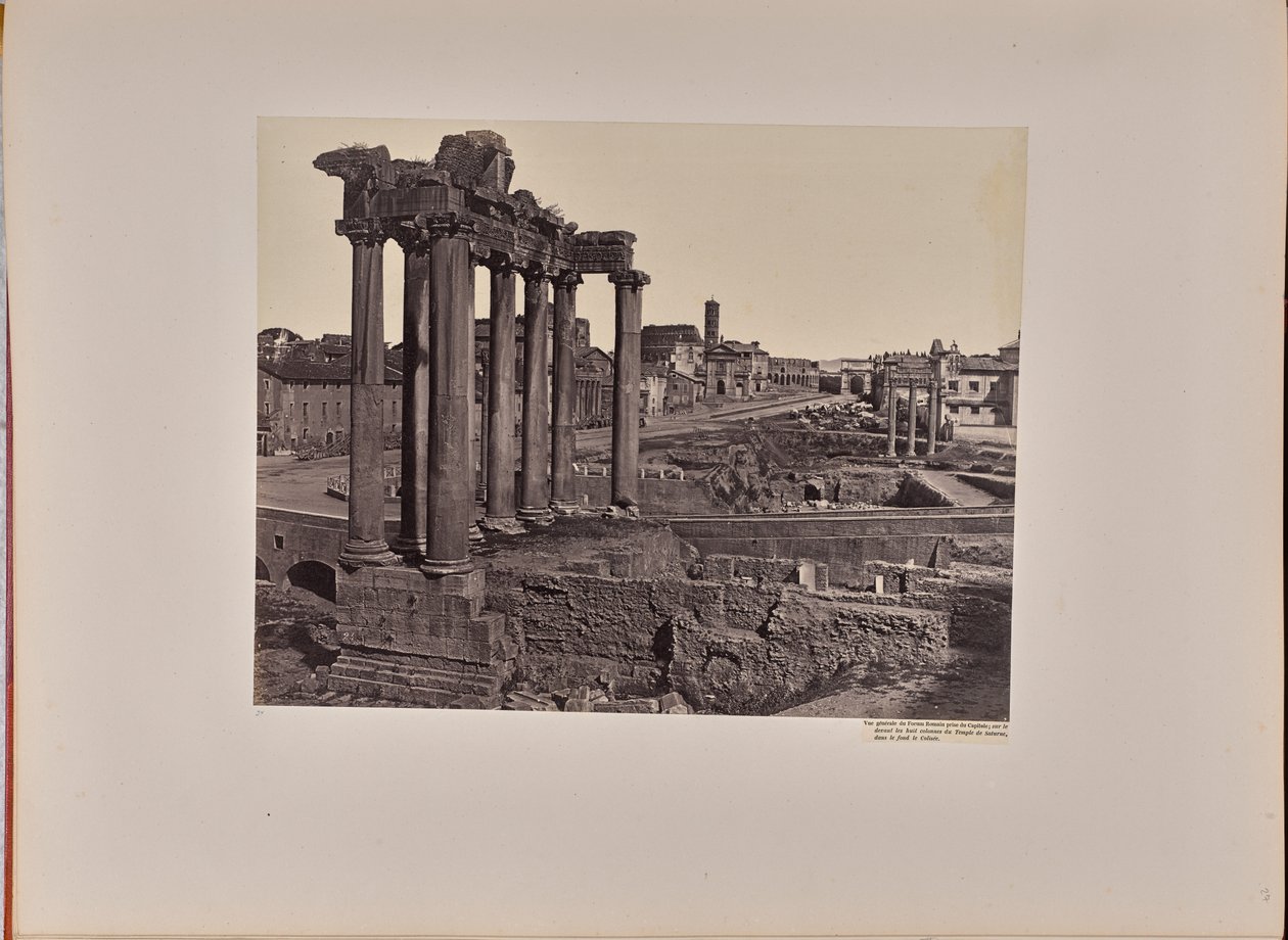 Veduta generale del Foro Romano dal Campidoglio, con in primo piano le otto colonne del Tempio di Saturno e sullo sfondo il Colosseo da James Anderson