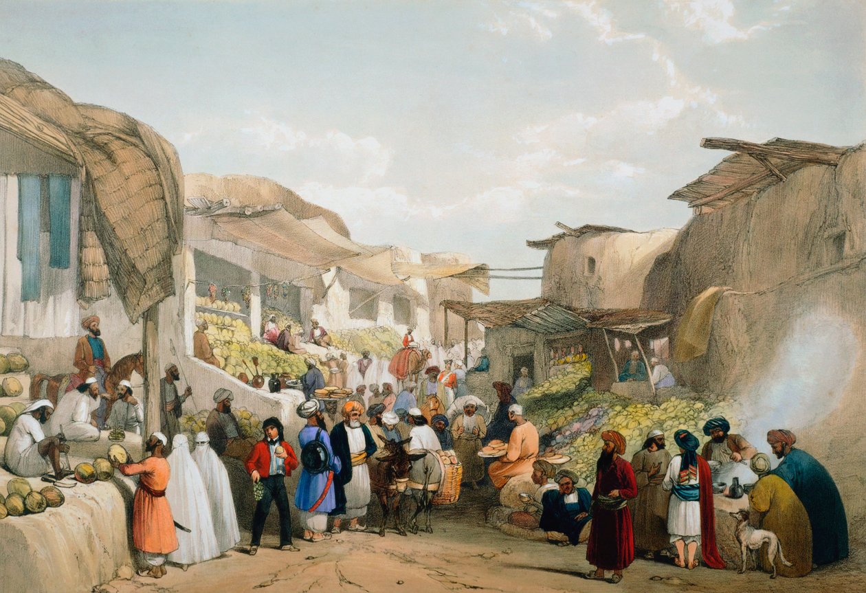 Bazar a Kabul durante la stagione della frutta, Prima Guerra Anglo-Afghana, 1838-1842 da James Atkinson