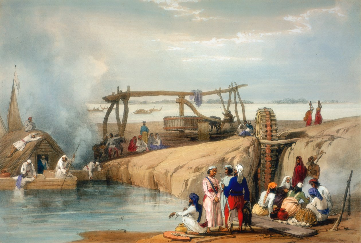 Ruota persiana che solleva acqua dal fiume Sutlej, Punjab da James Atkinson