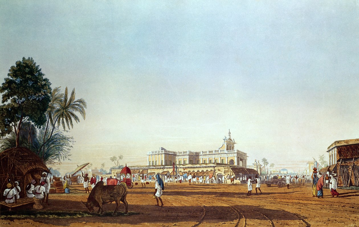 Lall Bazaar e la Cappella Portoghese, Calcutta, inciso da Robert Havell, pub. 1824 da James Baillie Fraser